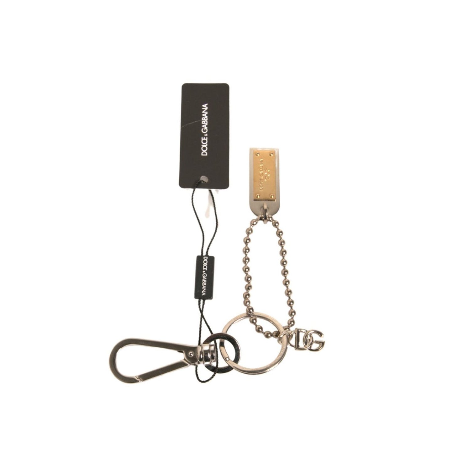 Dolce & Gabbana Silver Brass Chain Beaded Logo Plaque Keychain Keyring SMY10578