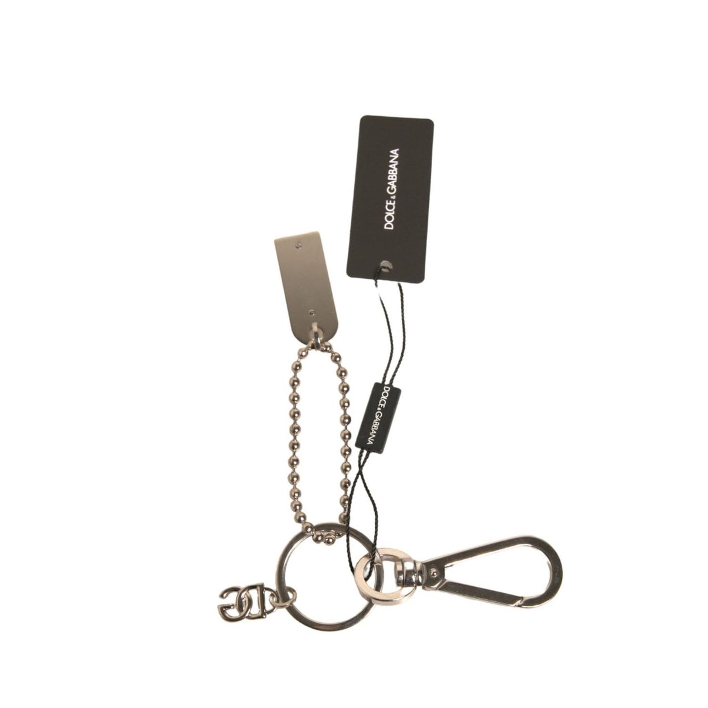 Dolce & Gabbana Silver Brass Chain Beaded Logo Plaque Keychain Keyring SMY10578