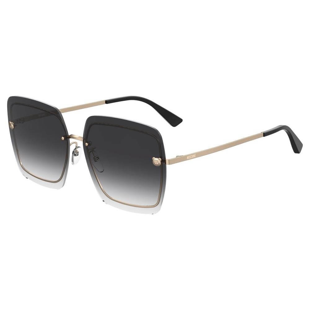 Moschino women's gray metal sunglasses with square lenses, model MOS085GSKB79O, featuring 64/14/145 mm dimensions.