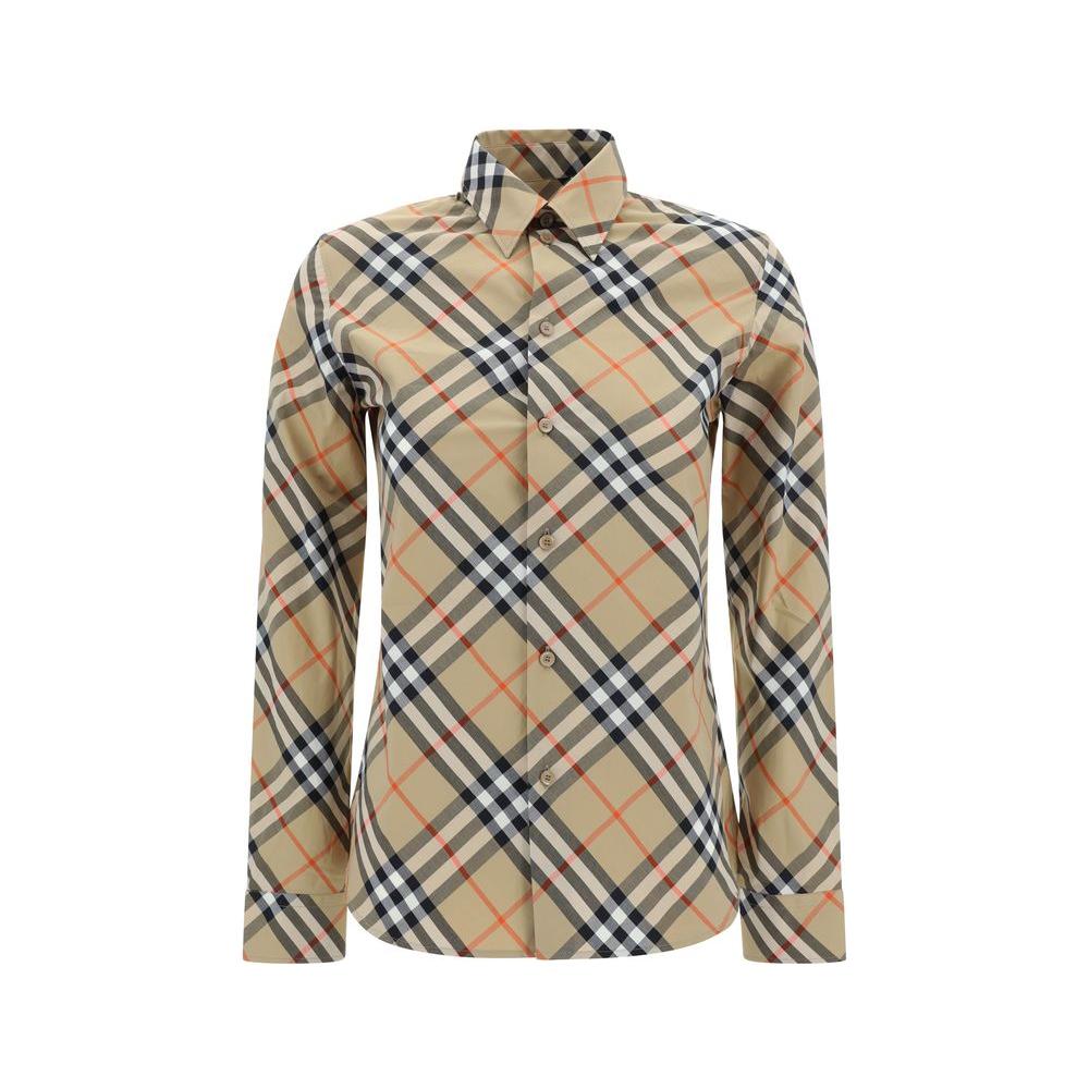 Burberry Archive Check cotton shirt with classic collar and flared hem, featuring iconic check pattern and adjustable button cuffs.