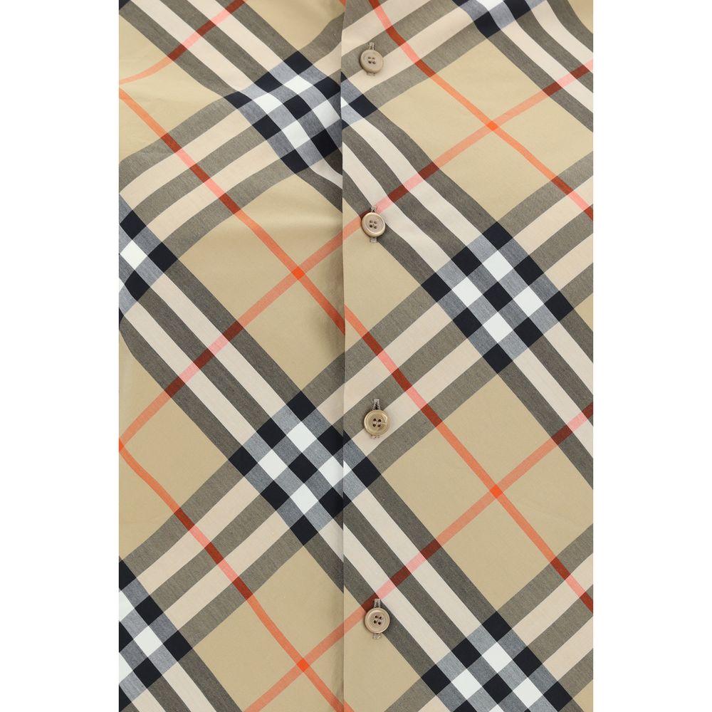 Close-up of Burberry Archive Check Shirt with classic collar and button closure, showcasing iconic plaid pattern in elegant style.