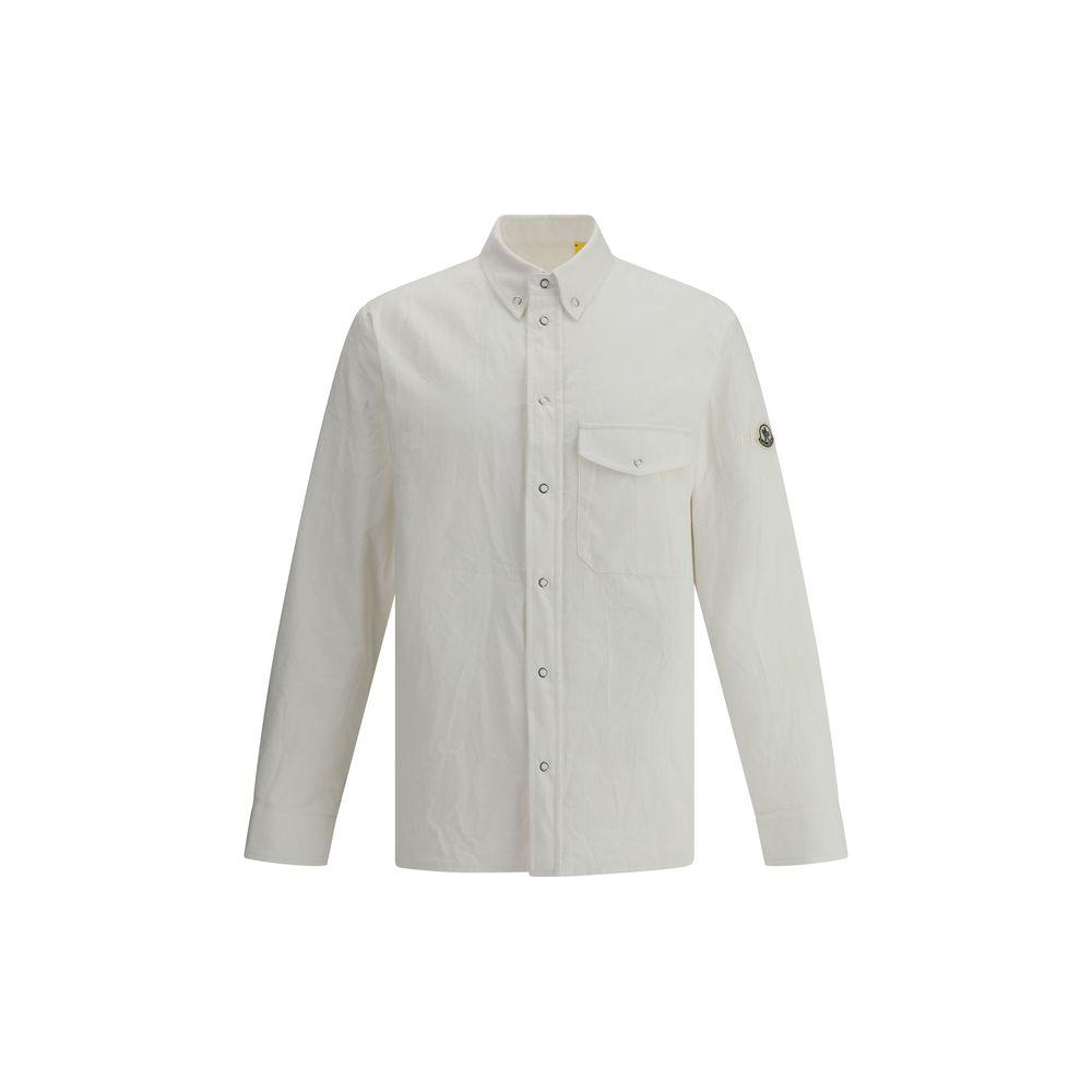 Moncler x FRGMT white shirt jacket with classic collar, snap closure, and left sleeve monogram patch, featuring boudin quilting.