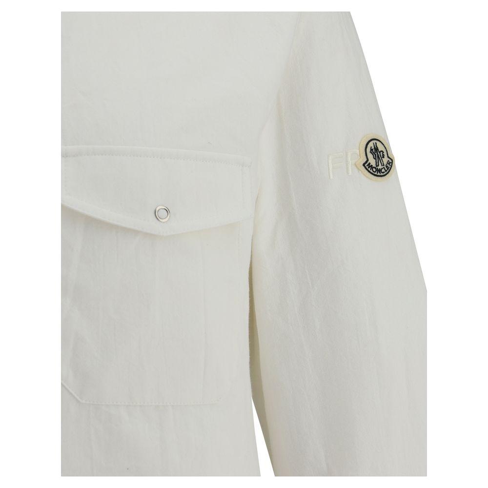 Moncler x FRGMT shirt jacket featuring a patch on the left sleeve and classic welt pocket design.