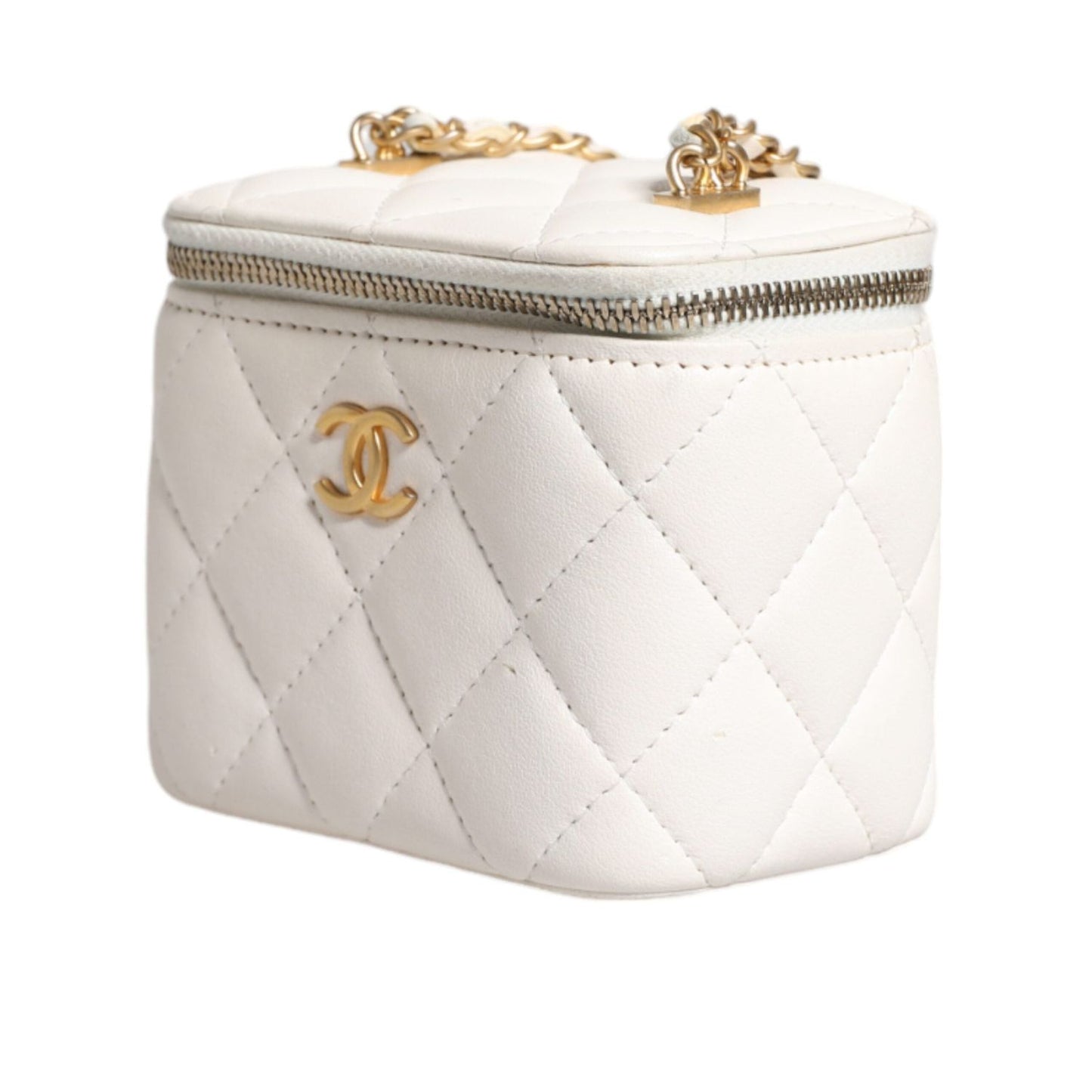 Chanel White Matelasse Lambskin Gold Chain Shoulder Vanity Mirror CHA211