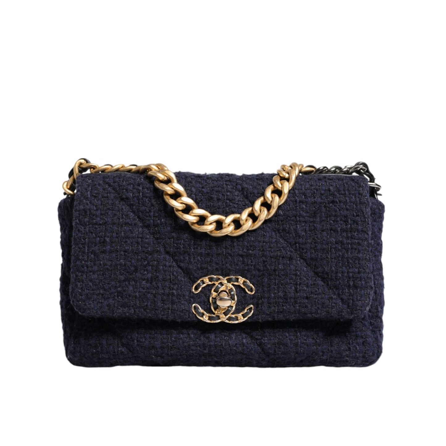 Chanel Dark Blue Medium Flap Tweed CC Gold Gray Chain Shoulder Bag CHA181