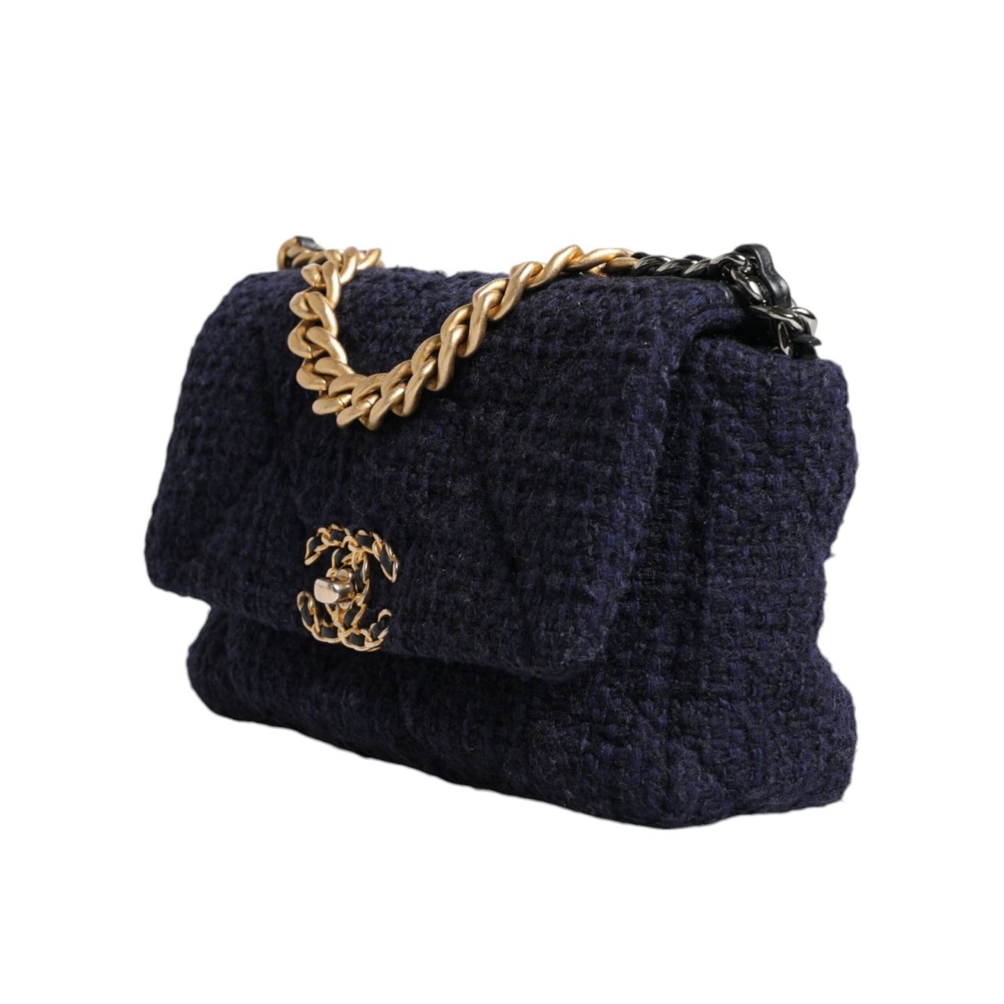 Chanel Dark Blue Medium Flap Tweed CC Gold Gray Chain Shoulder Bag CHA181