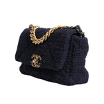 Chanel Dark Blue Medium Flap Tweed CC Gold Gray Chain Shoulder Bag CHA181