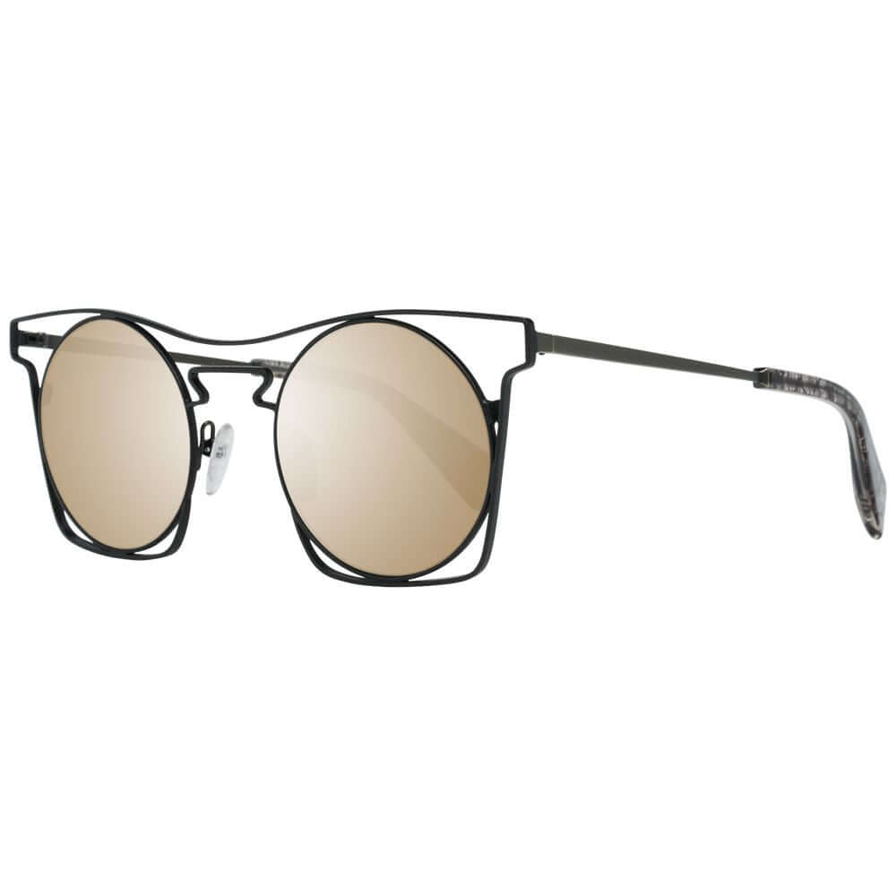 Yohji Yamamoto black round metal sunglasses with mirrored grey lenses, full-rim design, and 100% UVA & UVB protection for men.