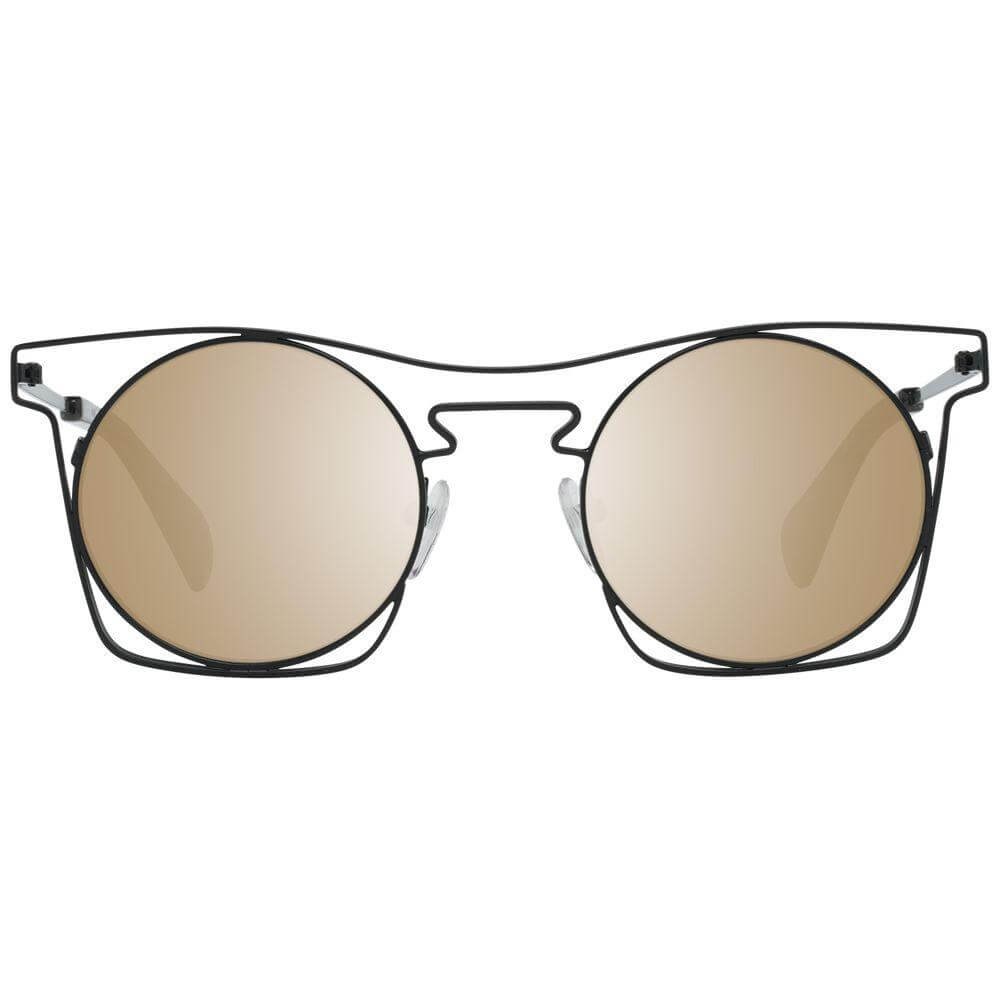 Yohji Yamamoto black round sunglasses with mirrored grey lenses, metal frame, and full-rim style, offering 100% UVA & UVB protection.