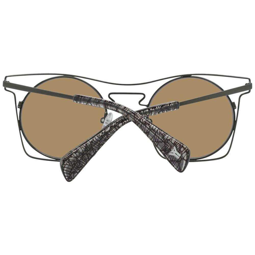 Back view of Yohji Yamamoto black round sunglasses with metal frame and mirrored lenses.