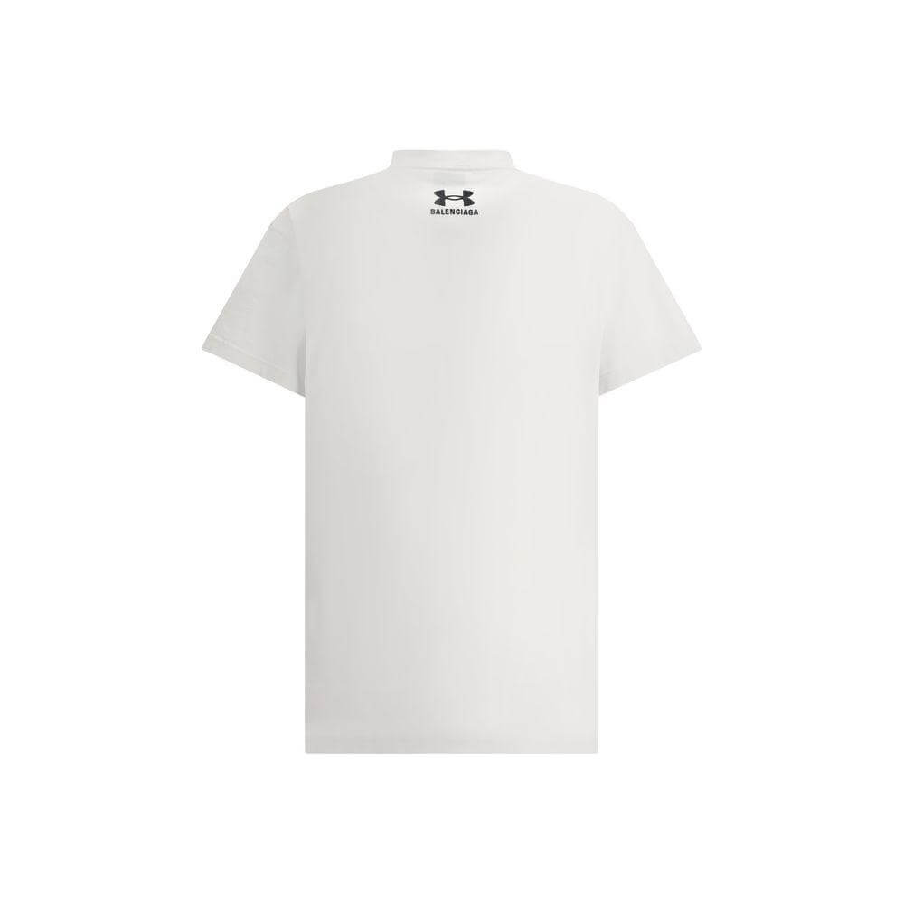 White Balenciaga cotton T-shirt with ribbed crew neck, iconic logo on back, monochrome pattern, and oversized fit.