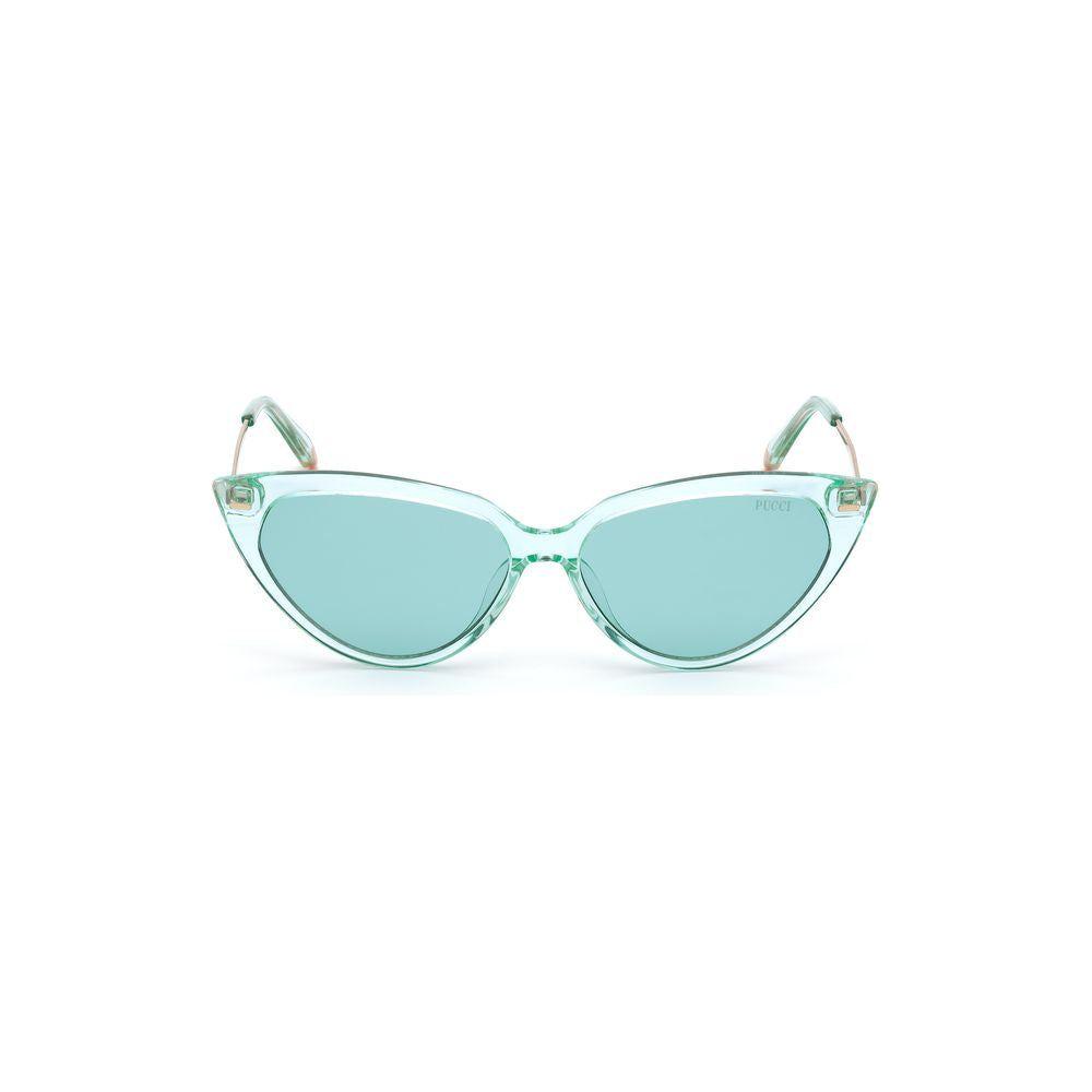 Green Emilio Pucci cat-eye sunglasses made of acetate, featuring bold frames, ideal for women seeking stylish eyewear. Lens size: 56mm.