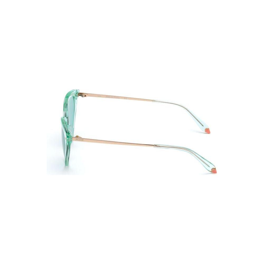 Side view of Emilio Pucci green acetate sunglasses with brown temples, model EP0148, featuring a 56/14/140 mm frame size.