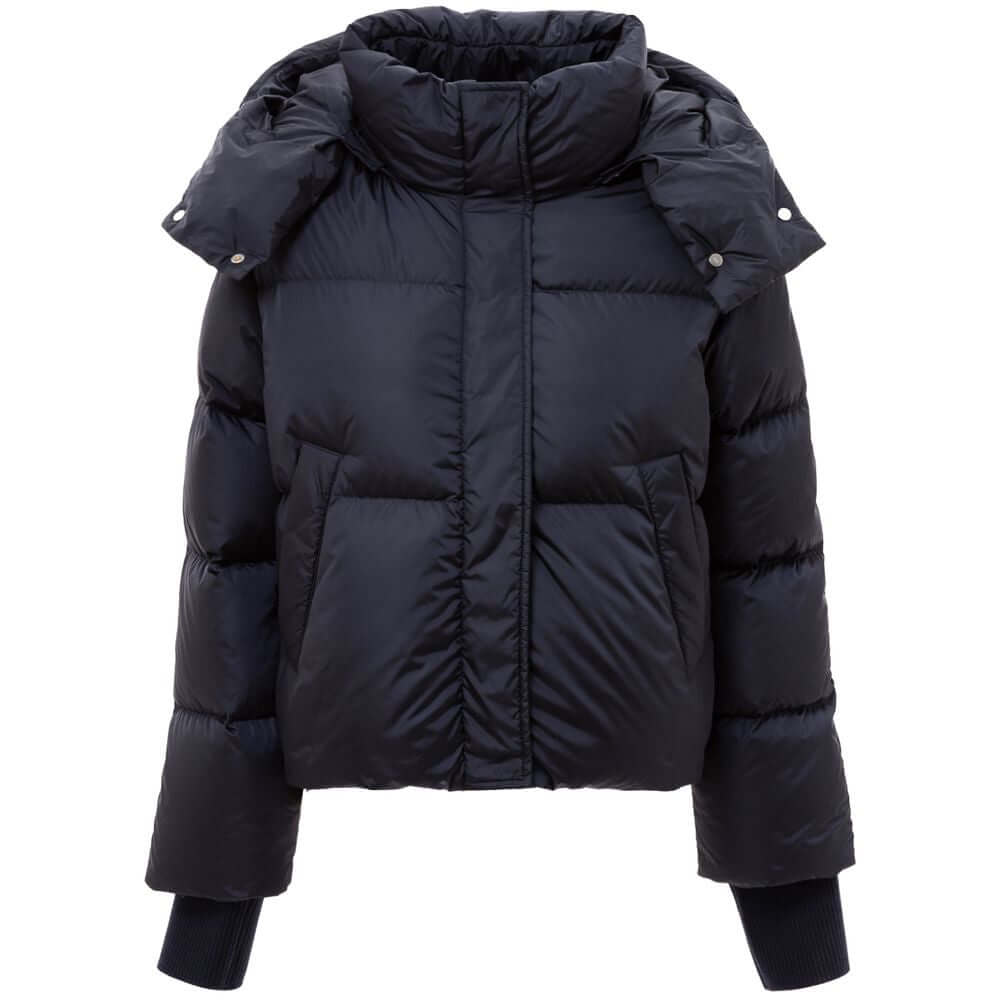 Add Blue Polyamide Jacket with removable hood, knit cuffs, side pockets, and zipper closure. Warm and lightweight down jacket.