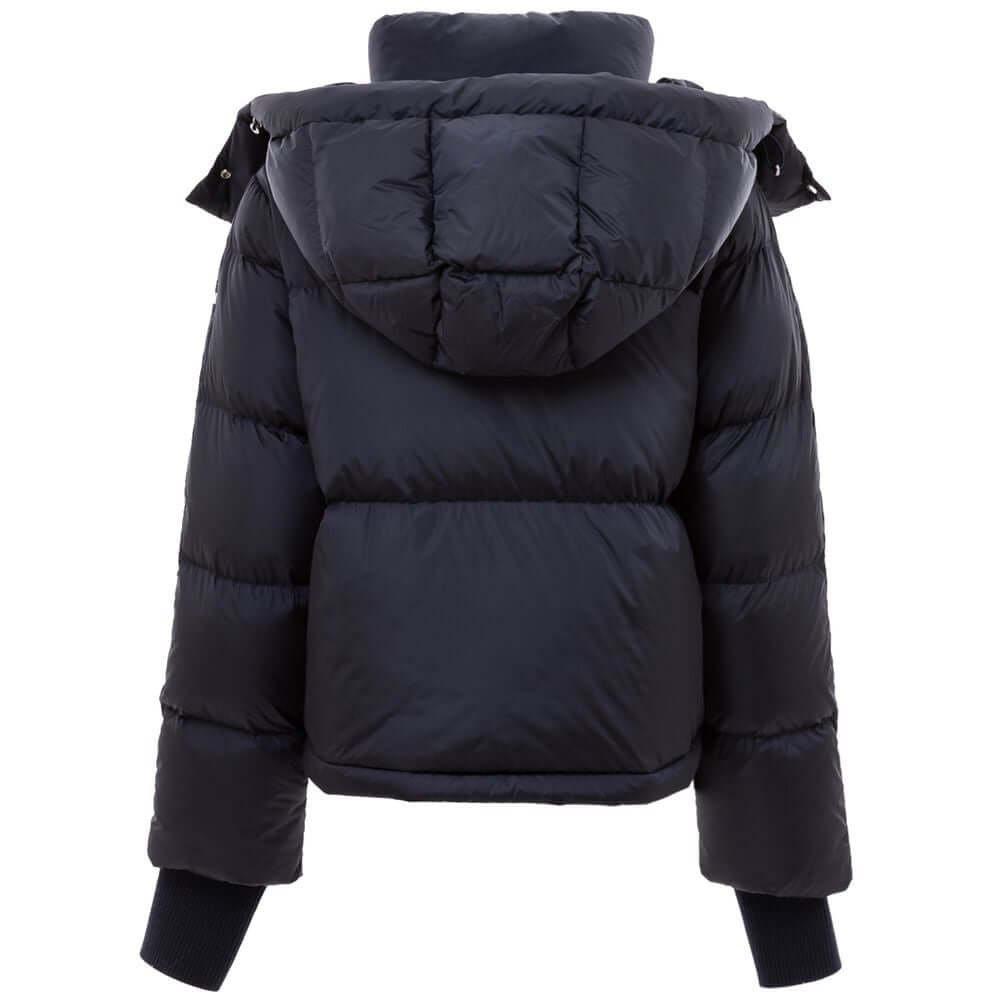 Rear view of blue polyamide down jacket with removable hood and knit cuffs, featuring a lightweight design for warmth and comfort.