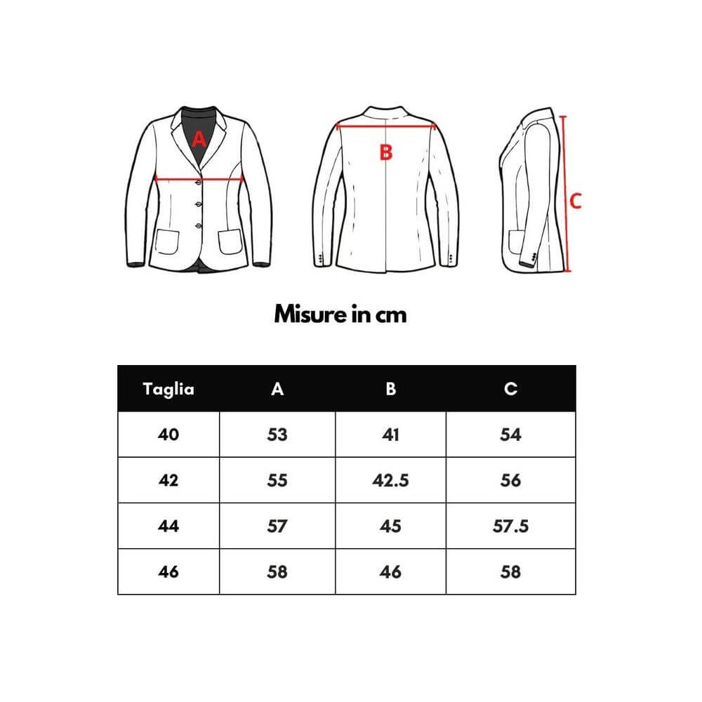 Size chart for jackets, showing measurements in cm for sizes 40-46, with diagrams illustrating chest, waist, and sleeve dimensions.