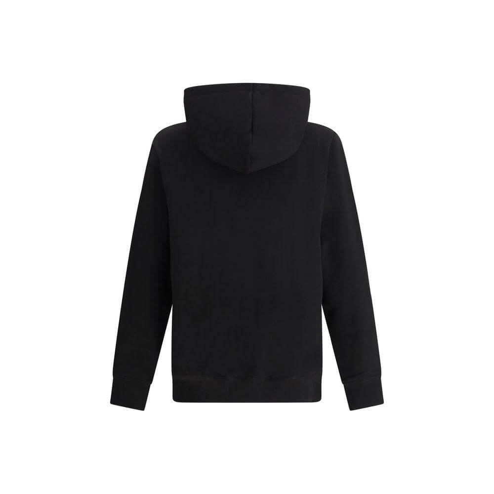 Back view of Balmain black cotton hoodie with adjustable hood and ribbed cuffs.