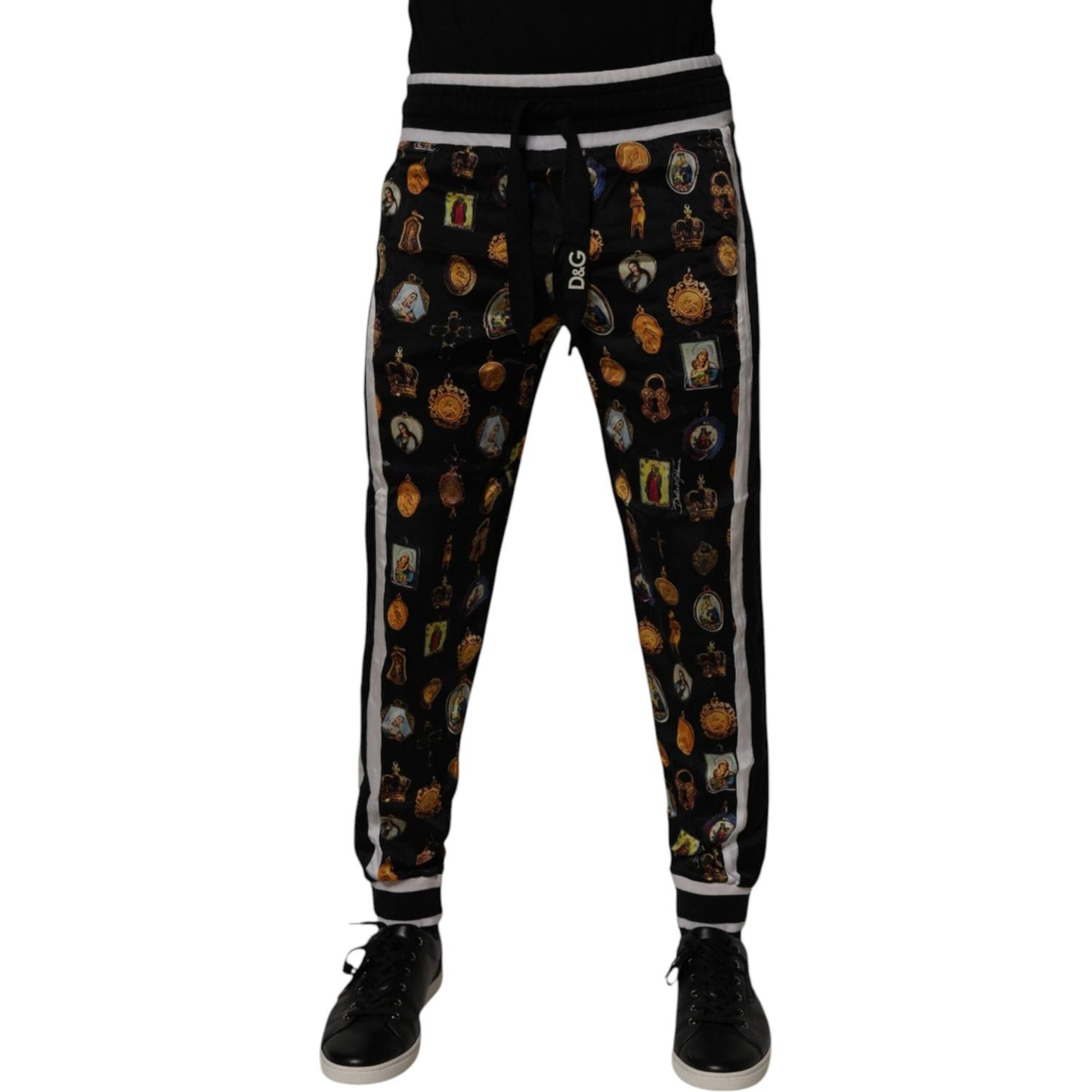 Dolce & Gabbana Black Religious Print Silk Men Jogger Pants PAN75268-46