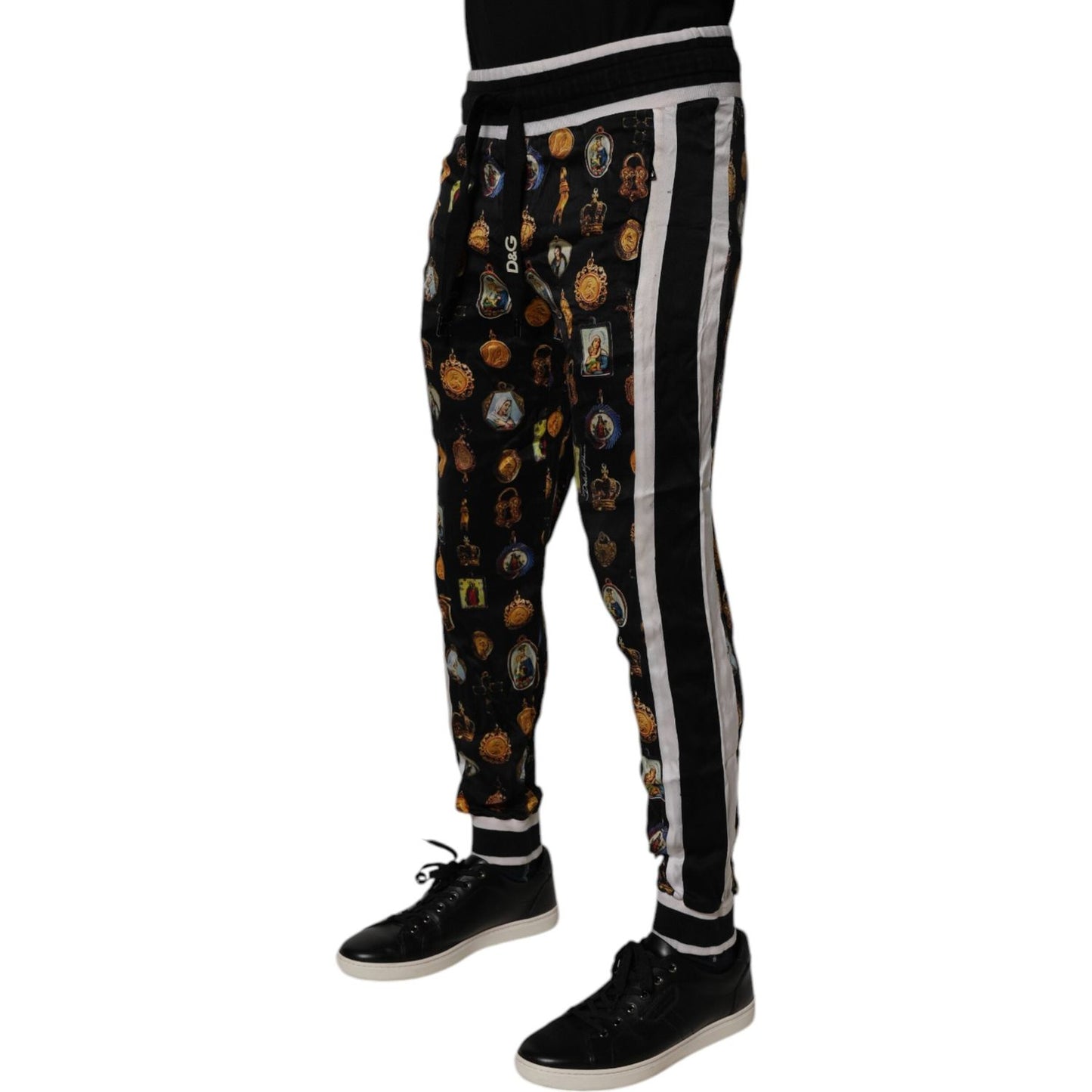 Dolce & Gabbana Black Religious Print Silk Men Jogger Pants PAN75268-46
