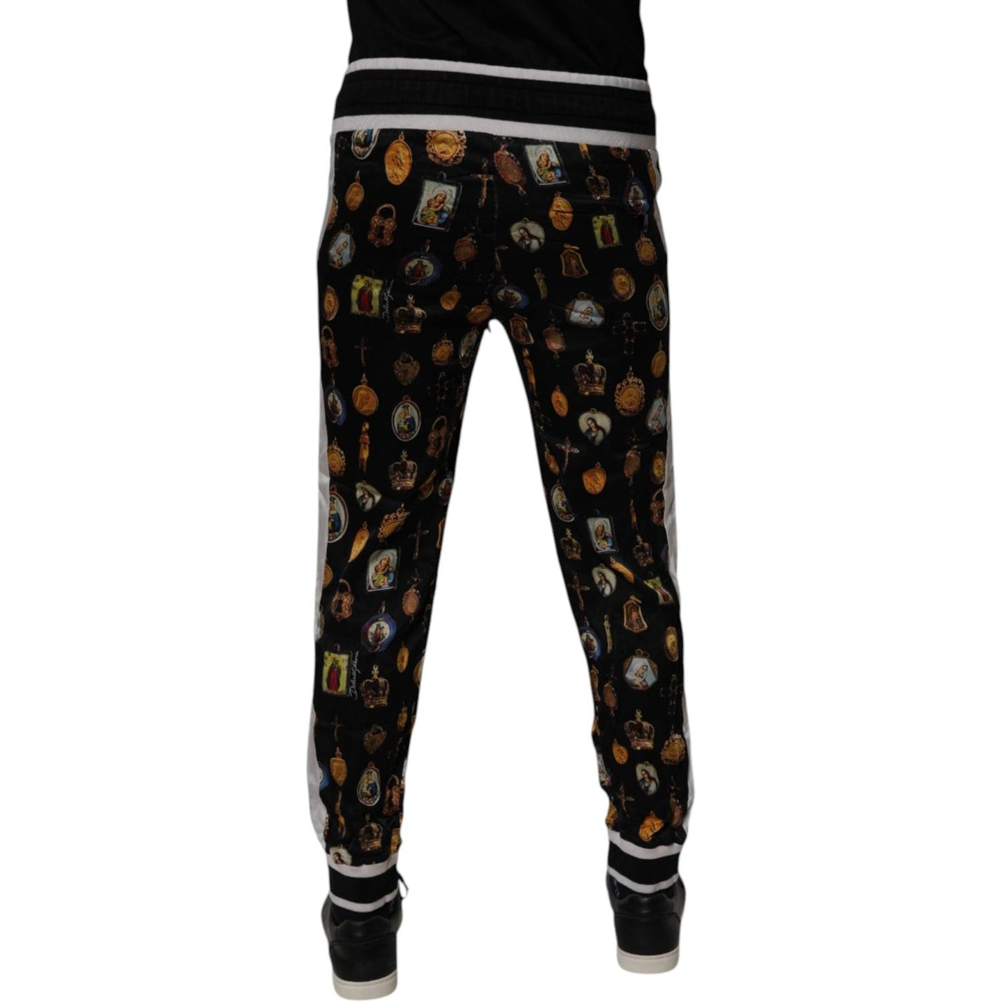 Dolce & Gabbana Black Religious Print Silk Men Jogger Pants PAN75268-46