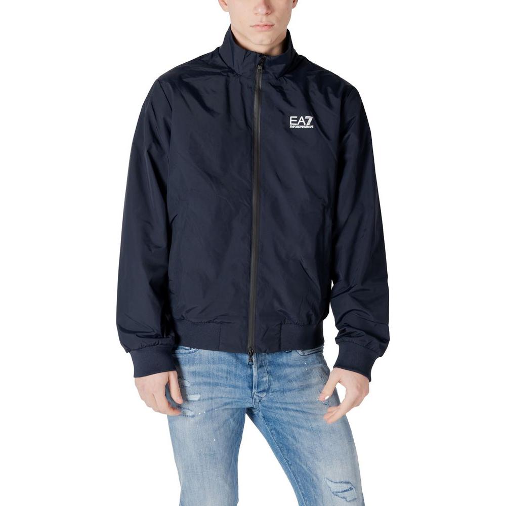 Model wearing EA7 Emporio Armani blue polyamide jacket, featuring lightweight and durable design ideal for casual occasions.