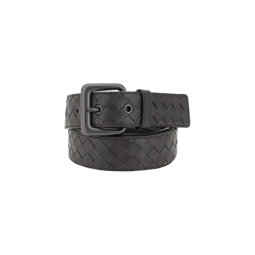 Bottega Veneta iconic intrecciato leather belt with square buckle, elegant and timeless accessory.