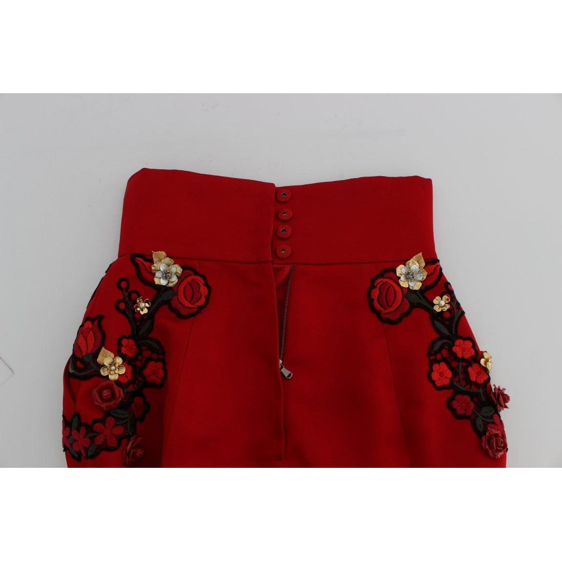 Dolce & Gabbana Red Silk Crystal Roses Shorts SIG20121-1