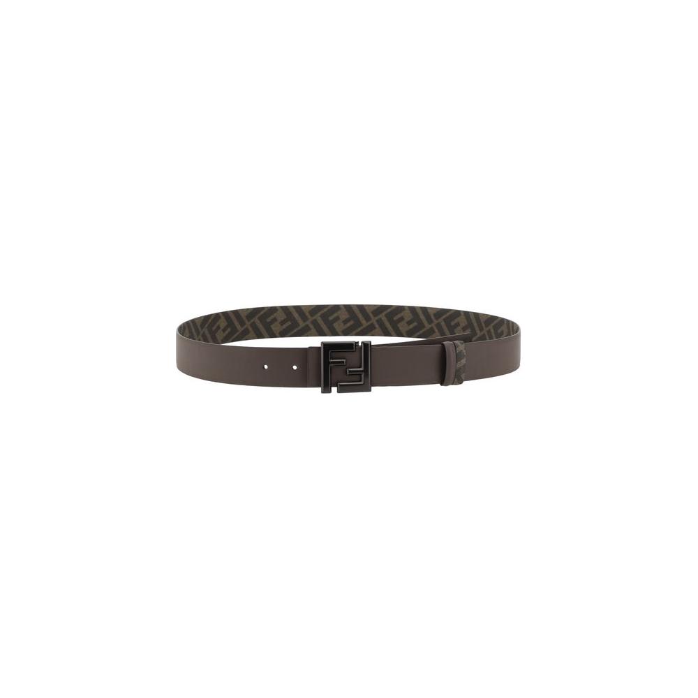 Fendi FF Logo reversible leather belt with iconic FF pattern and metal buckle, featuring a minimalist design on the reverse side.