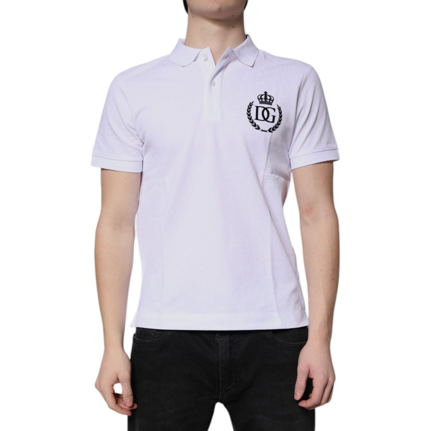 Dolce & Gabbana white polo t-shirt for men with crown collar, short sleeves, and logo detail, made from 100% cotton, regular fit.