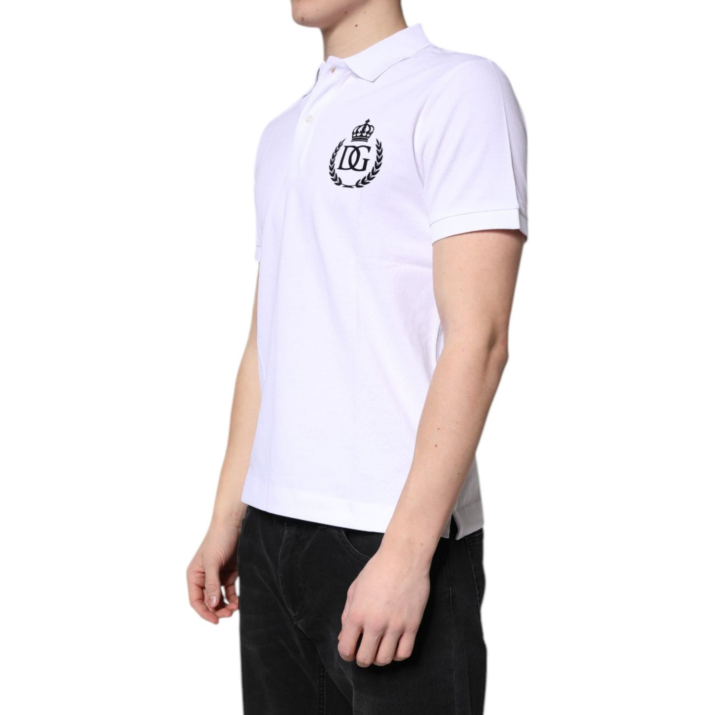 Dolce & Gabbana white cotton crown collared men's polo t-shirt with logo, short sleeves, regular fit, made in Italy.
