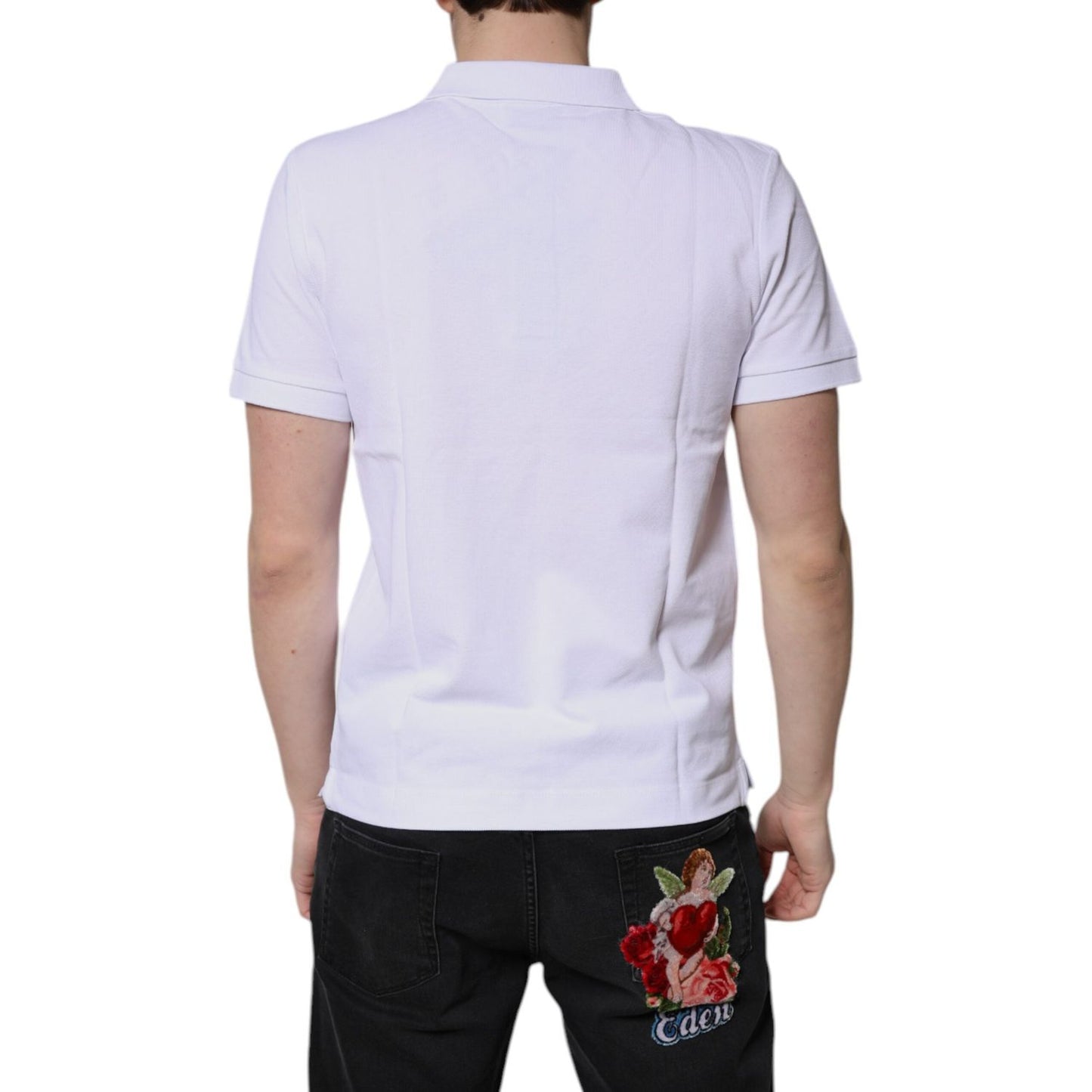 Back view of Dolce & Gabbana white cotton crown collared men's polo t-shirt with logo details, regular fit, made in Italy.