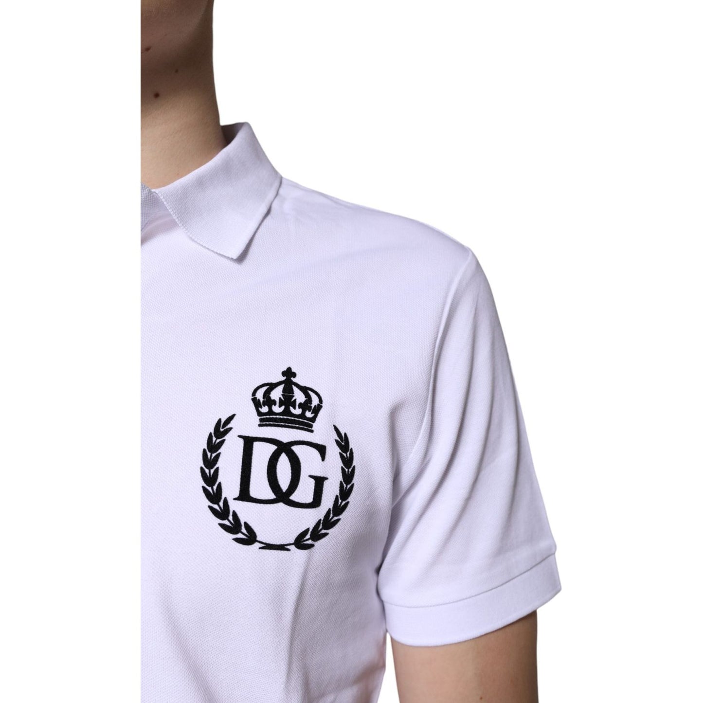 Dolce & Gabbana white cotton polo t-shirt with crown logo on chest, short sleeves, collared neckline, and regular fit for men.