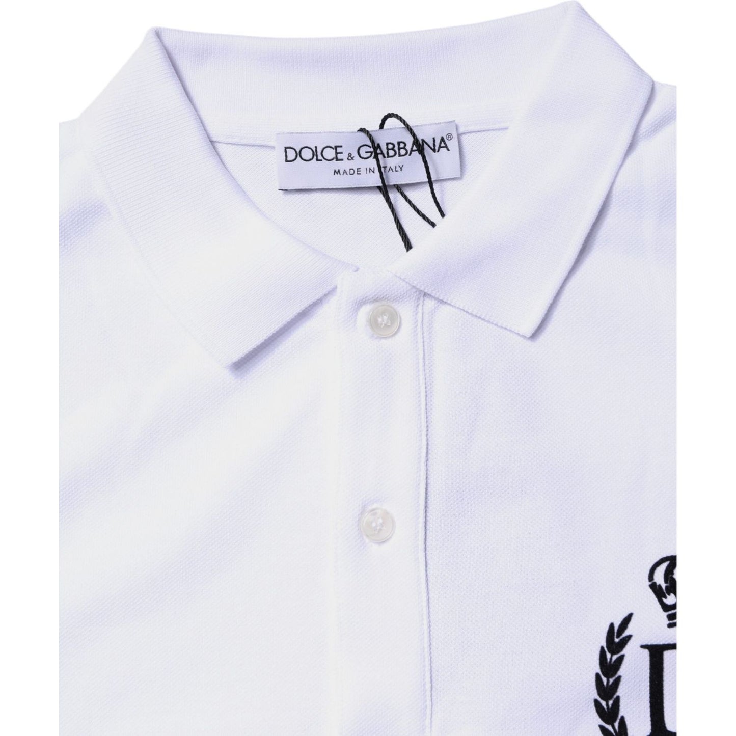 Dolce & Gabbana white cotton polo t-shirt with crown collar, short sleeves, and logo detail. Made in Italy. Regular fit.