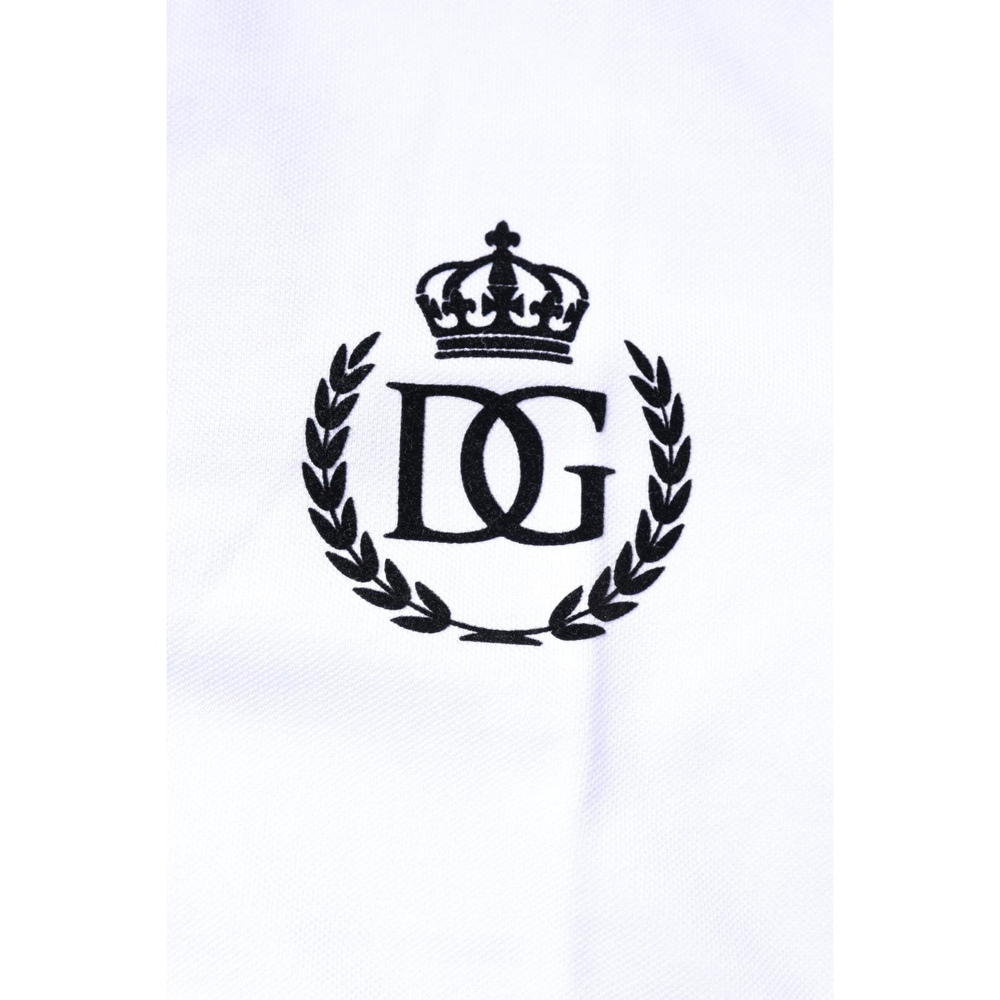 Dolce & Gabbana logo with crown and laurel on white cotton fabric, emblem on men's polo t-shirt
