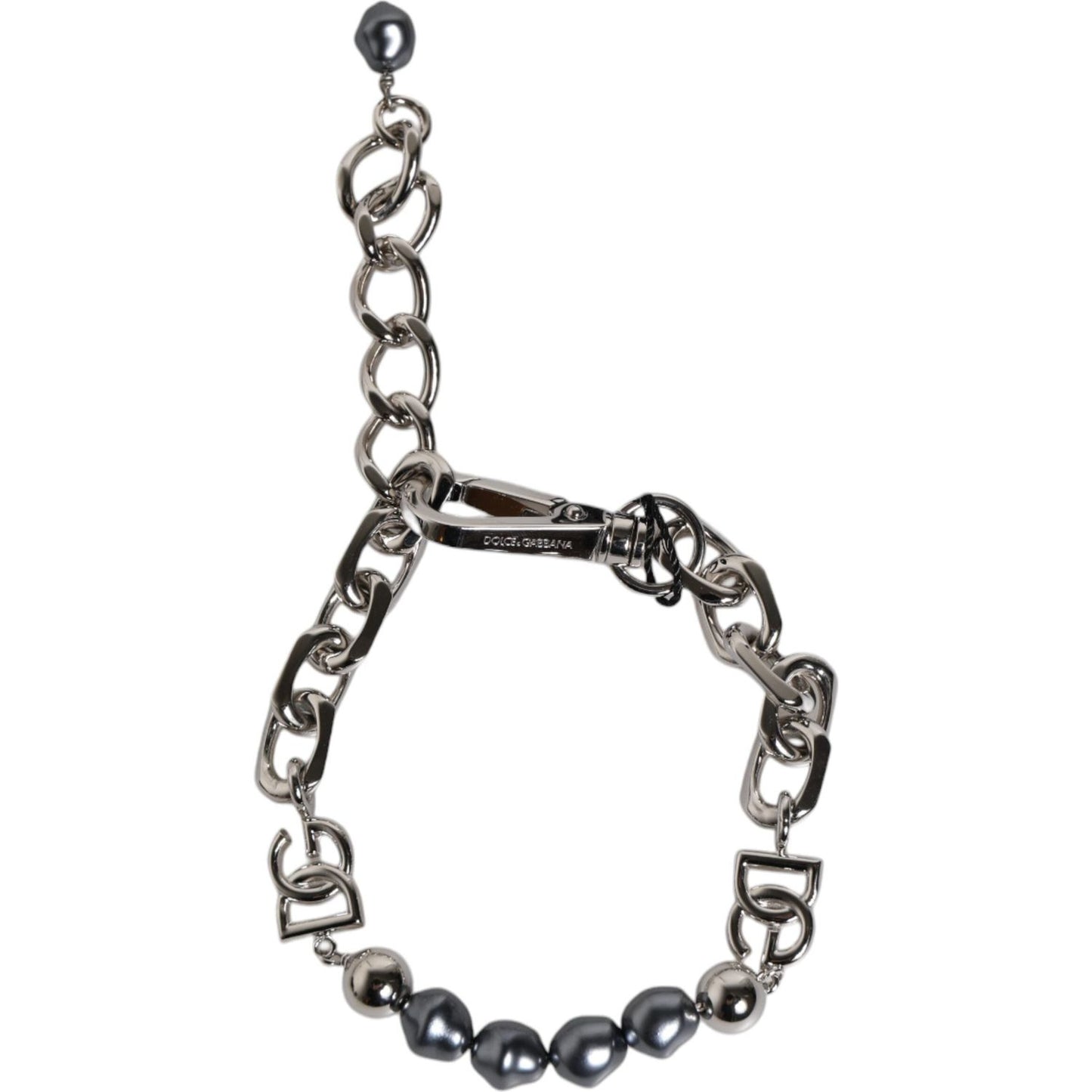 Dolce & Gabbana Silver Tone Chain Lobster Clasp Logo Gray Pearls Bracelet