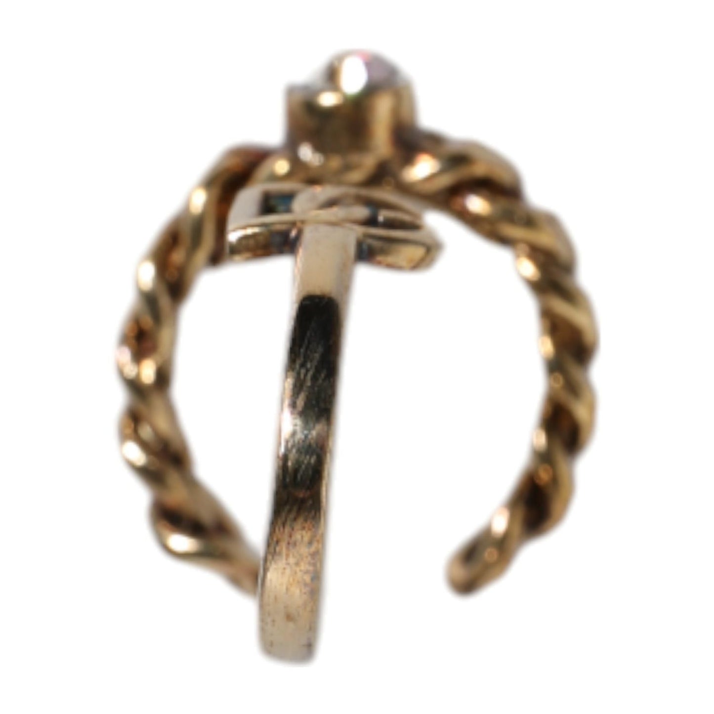 Dolce & Gabbana Gold Tone Engraved Logo Clear Crystals Adjustable Ring SMY10461