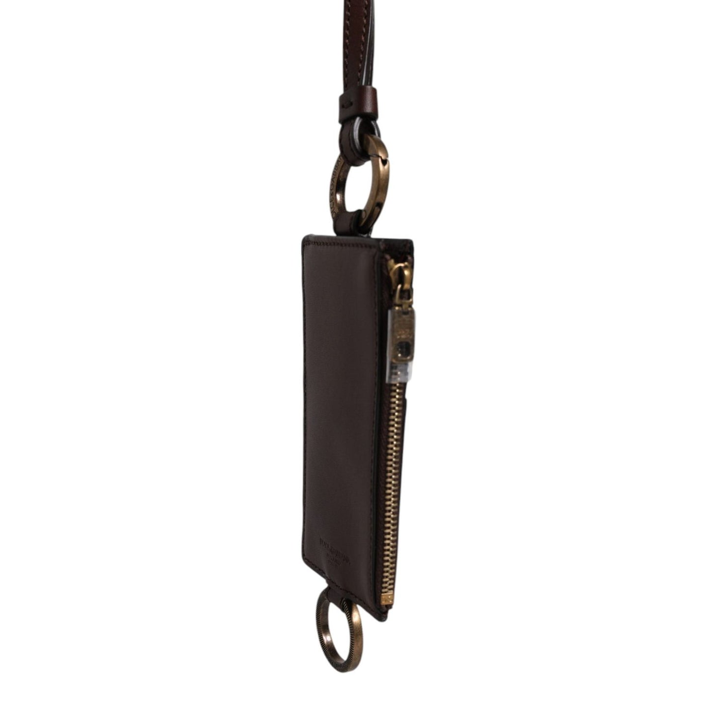 Dolce & Gabbana Brown Calf Leather Lanyard Logo Card Holder Wallet BAG4299
