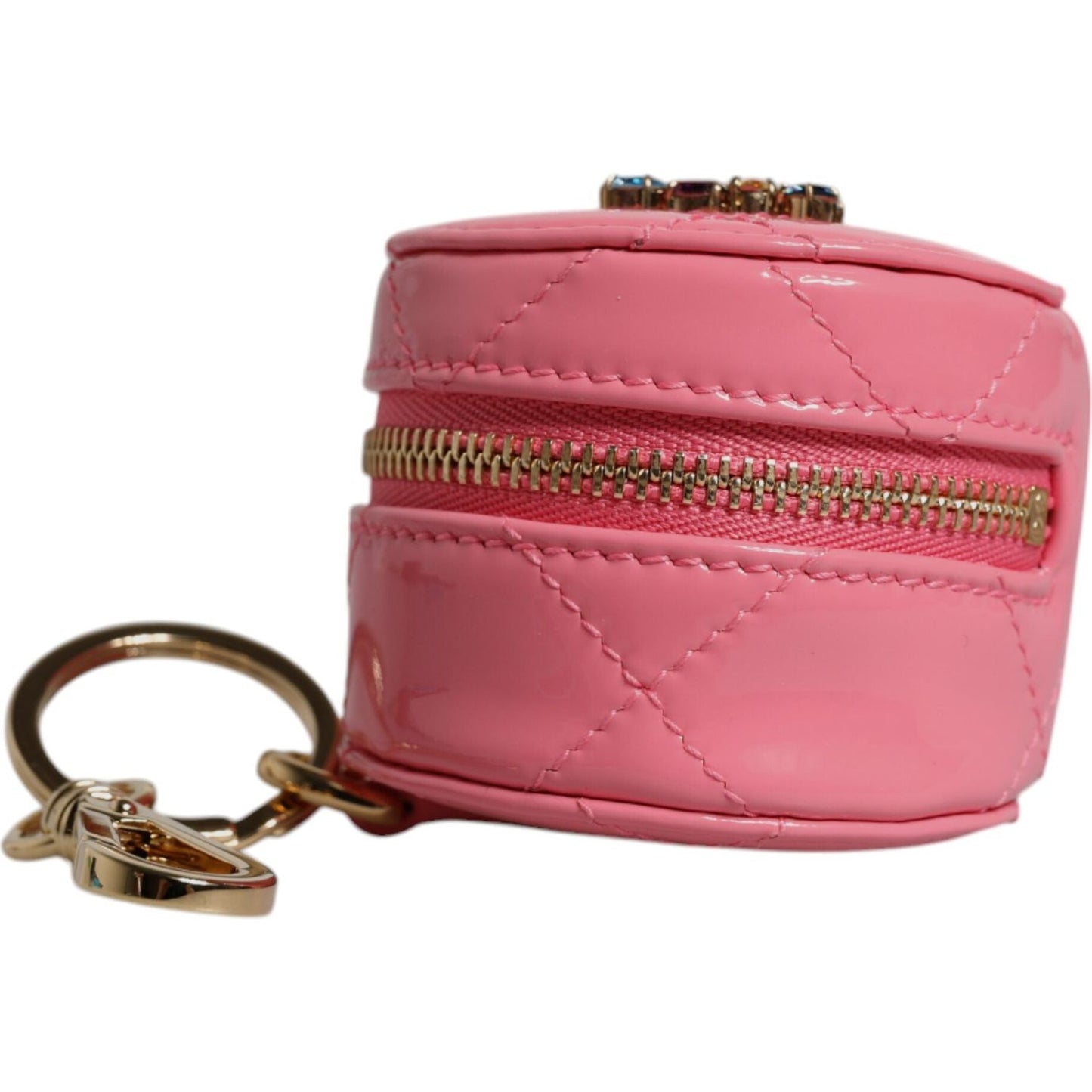 Dolce & Gabbana Pink Lamb Leather DG Crystal Round Coin Purse Wallet