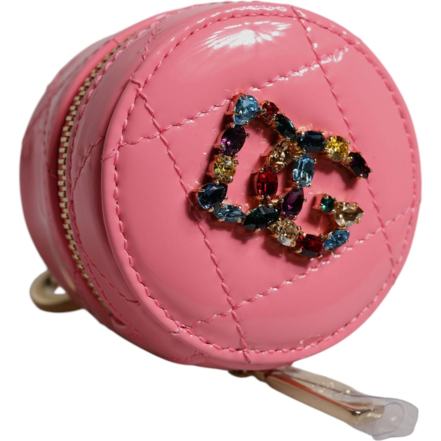 Dolce & Gabbana Pink Lamb Leather DG Crystal Round Coin Purse Wallet