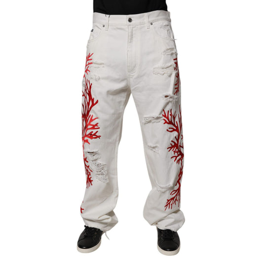 Dolce & Gabbana White Corals Tattered Straight Denim Jeans