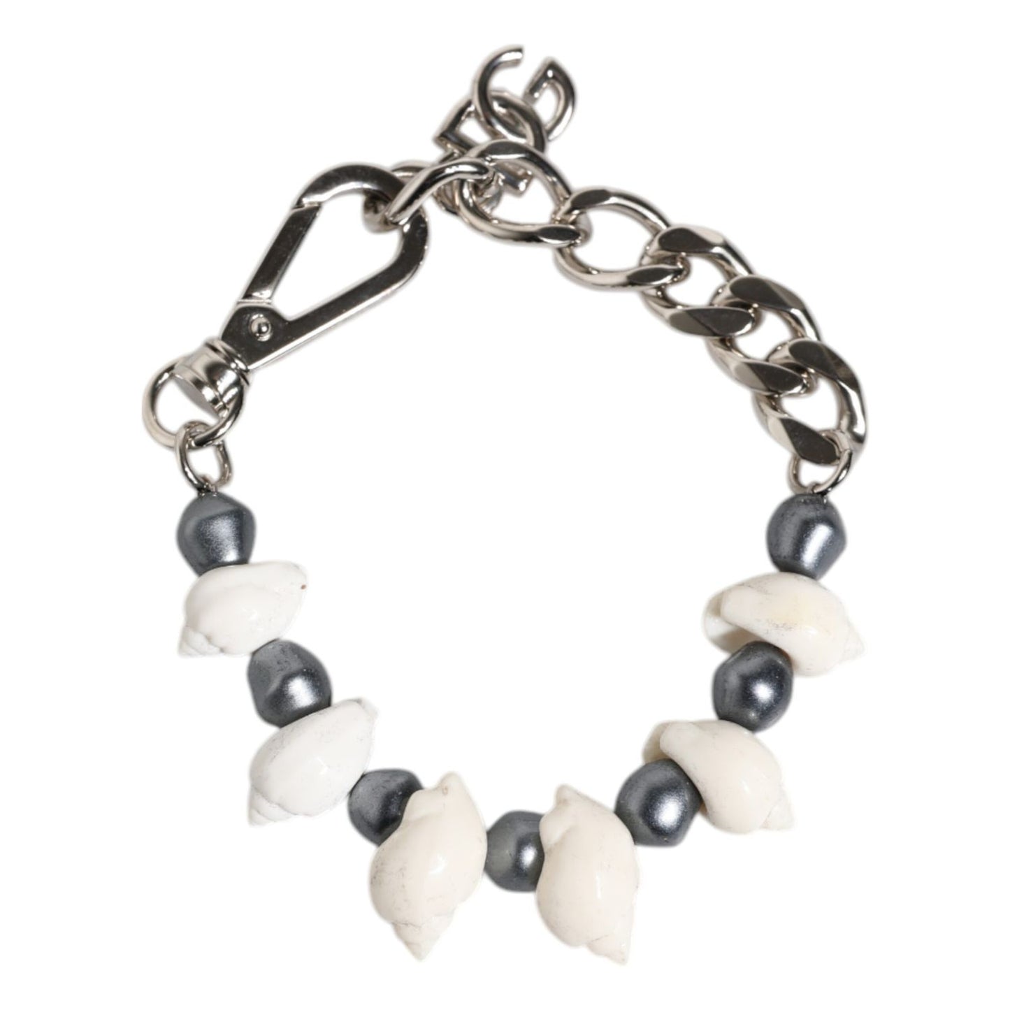 Dolce & Gabbana Silver Tone Brass Beaded Shell DG Logo Pendant Bracelet SMY10688