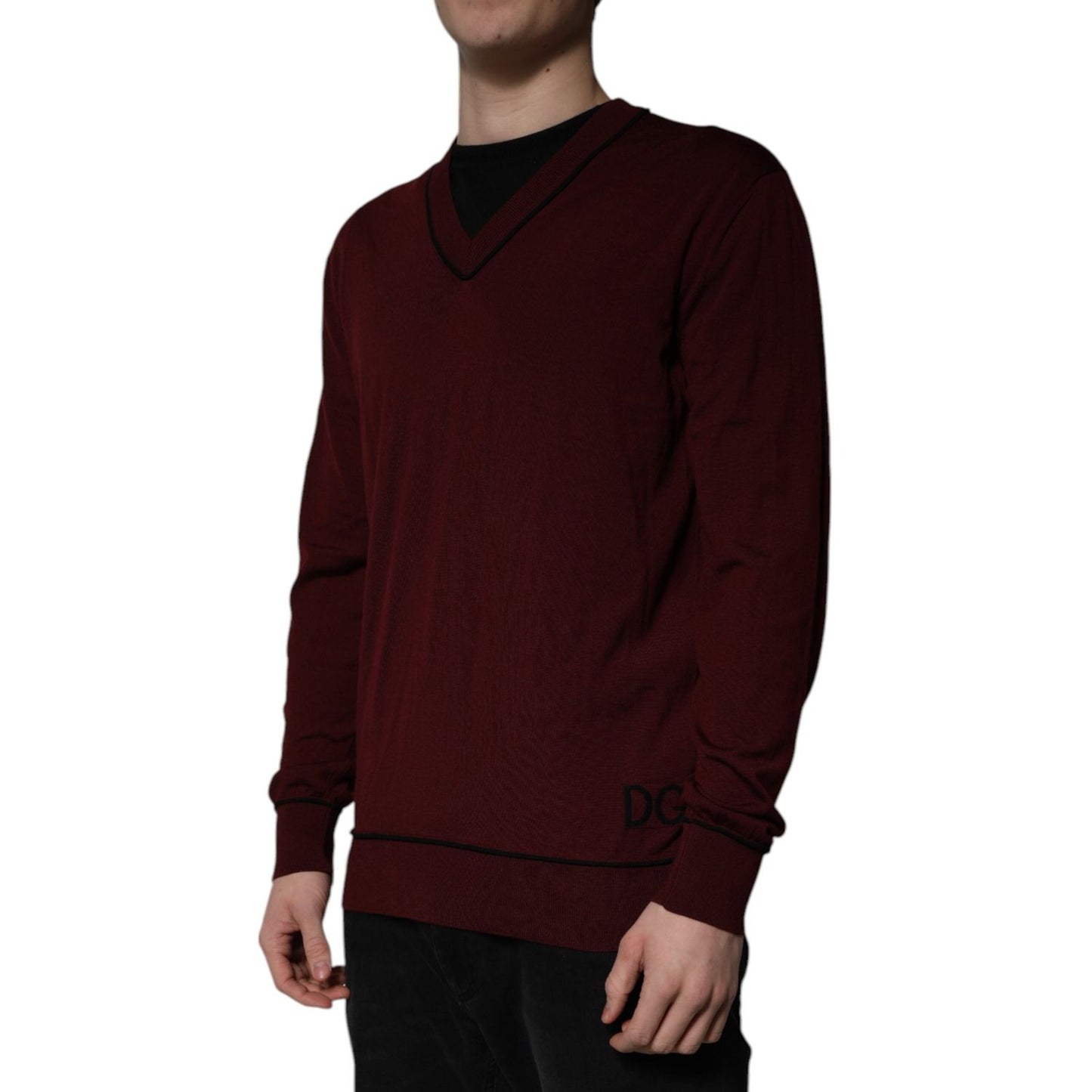 Dolce & Gabbana Maroon Cashmere V-neck Men Pullover Sweater TSH85178-50