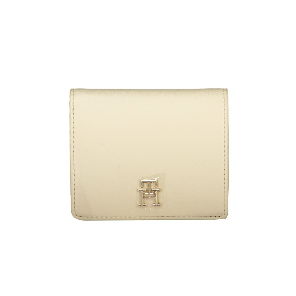 Tommy Hilfiger beige polyethylene wallet with logo, snap closure, two external card pockets, coin purse, and card slots.