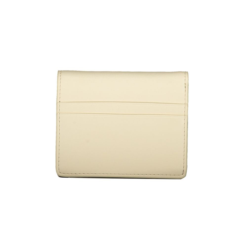 Tommy Hilfiger beige polyethylene wallet with external card pockets, coin purse, card spaces, snap closure, and logo.