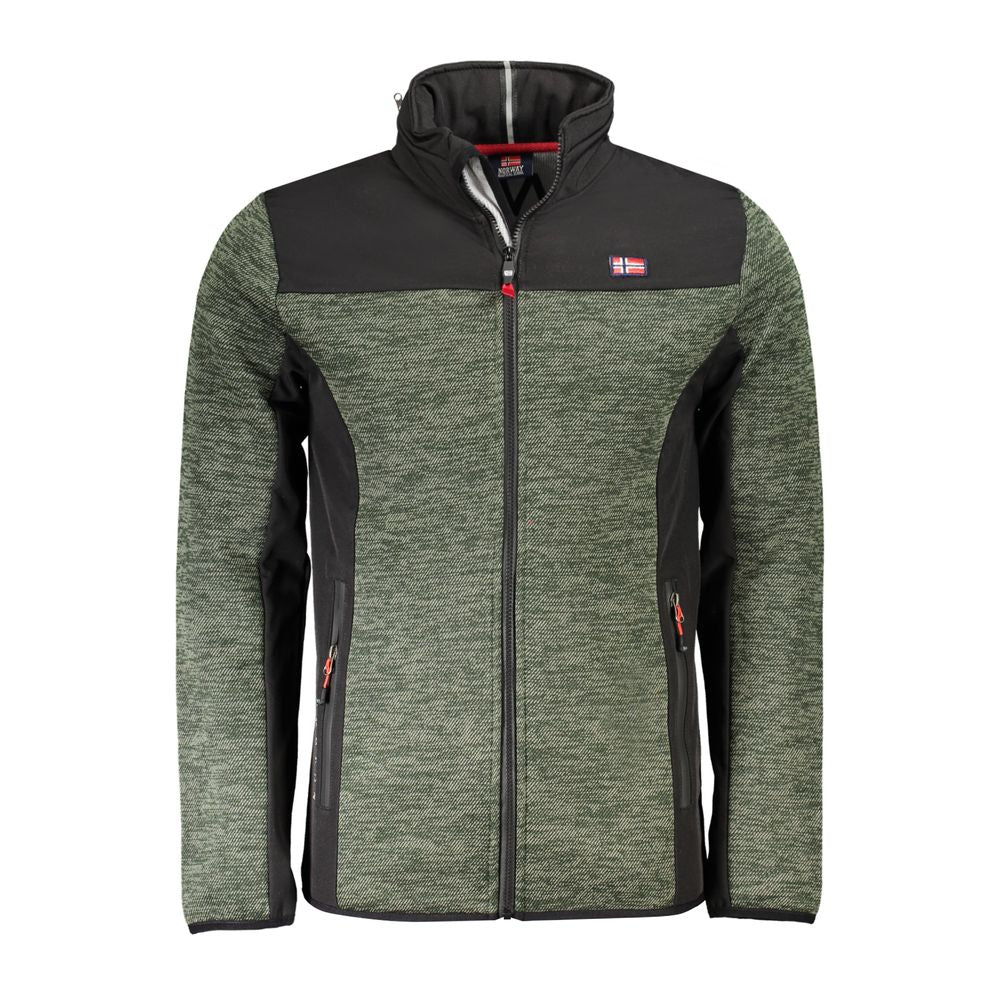 Norway 1963 green polyester men's jacket with removable hood, long sleeves, ample pockets, and signature logo, sporty outerwear.