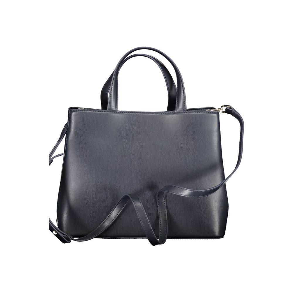 Tommy Hilfiger blue handbag with two handles, adjustable shoulder strap, internal pocket, compartments, and logo detail.