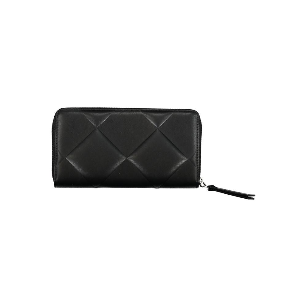 Calvin Klein black polyester wallet with zip closure, RFID blocking, five compartments, card spaces, and contrasting details.