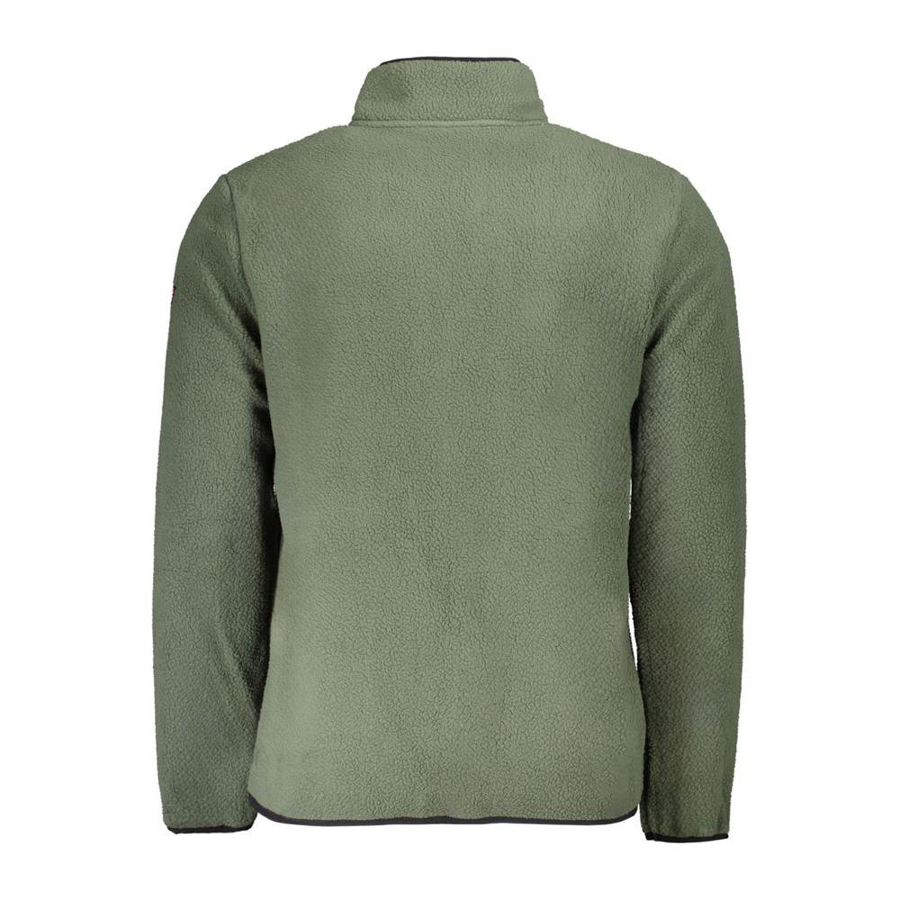 Back view of green polyester men's sweater by Norway 1963 with long sleeves and classic design, showcasing refined utility and style.