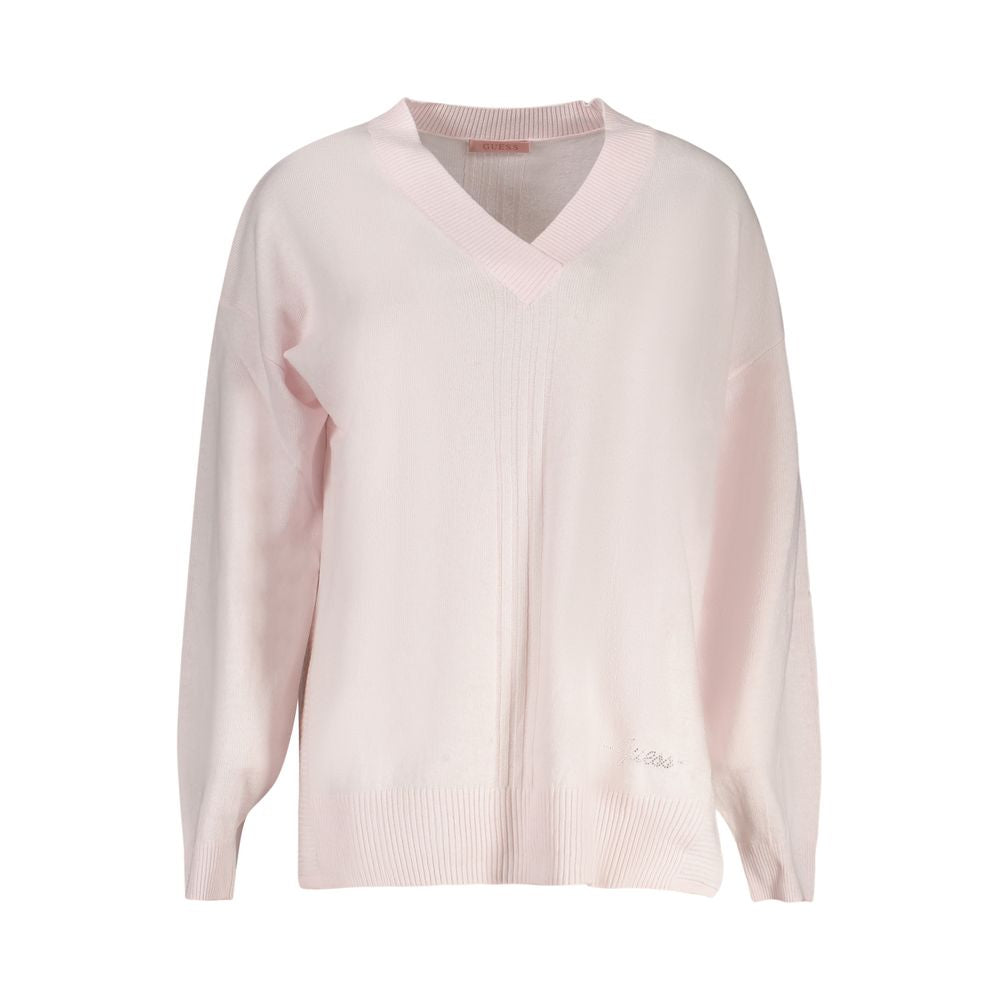 Guess Jeans Pink Acrylic Women Sweater with V-Neck and Long Sleeves, Featuring Iconic Logo and Contrasting Details in Luxurious Fabric.