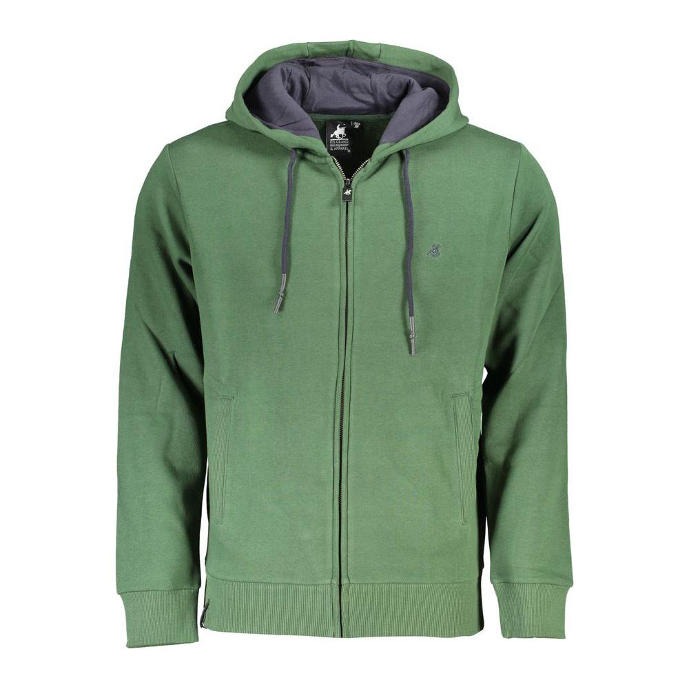 U.S. Grand Polo green hooded sweatshirt with embroidery, plush materials, long sleeves, adjustable hood, front zip, and pockets.